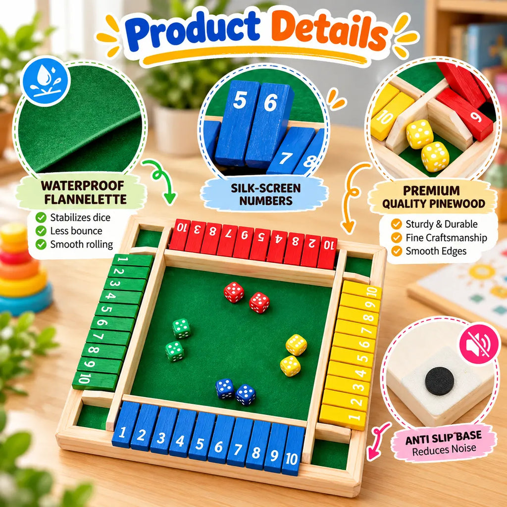 Shut The Box Dice Game – Wooden Family Math Board Game 2–4 Players (2025-39)