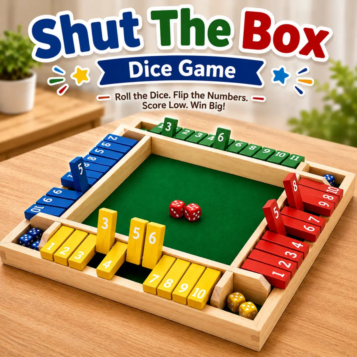 Shut The Box Dice Game – Wooden Family Math Board Game 2–4 Players (2025-39)