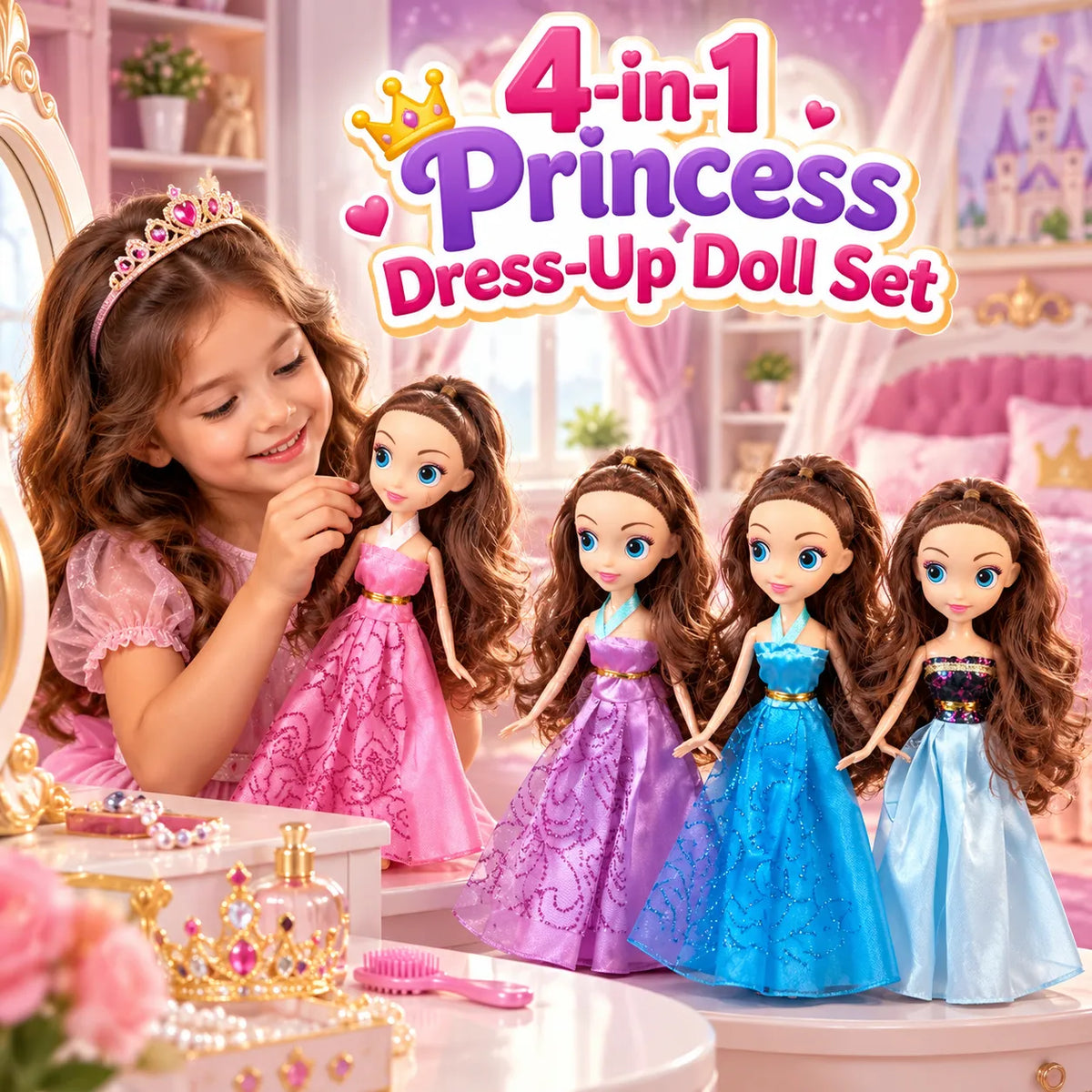 4-in-1 Princess Dress-Up Doll Set for Girls